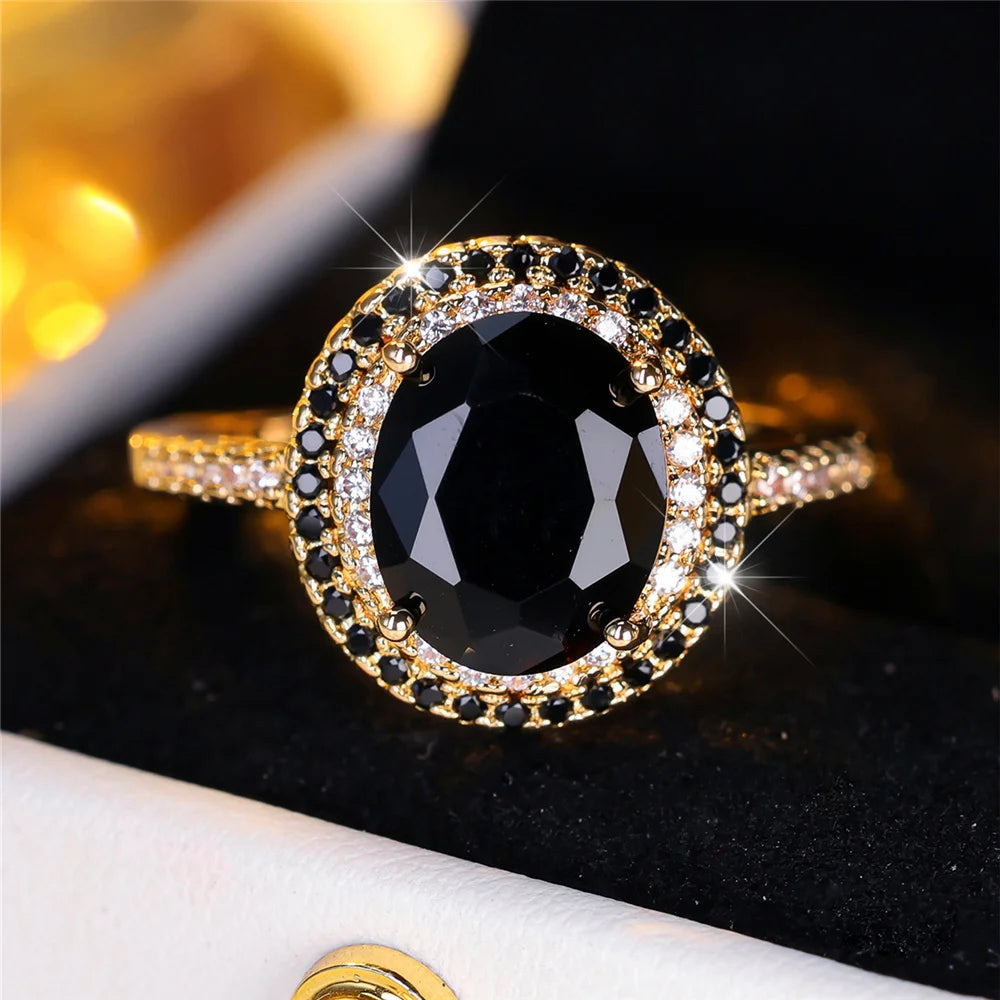 Bagues ovales de luxe en pierre de Zircon noir pour femmes, Vintage, couleur argent, bracelet de mariage, bijoux de mariée, cadeau de fiançailles