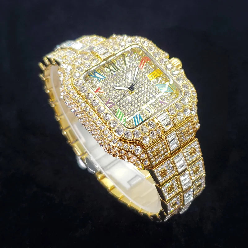 Montre en diamant de luxe pour hommes, montres numérotées colorées carrées glacées, bijoux Hip Hop Bling, Reloj zones bre pour la fête, nouvelle mode, 2025