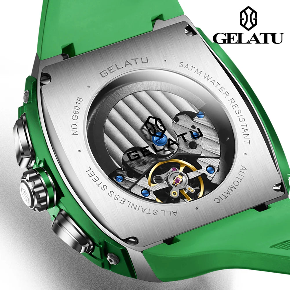 GELATU Men's Watch Hollow Out Skeleton Automatic Watch for Men Silicone Strap Dual Calendar Luxury Original Mechanical Man Watch