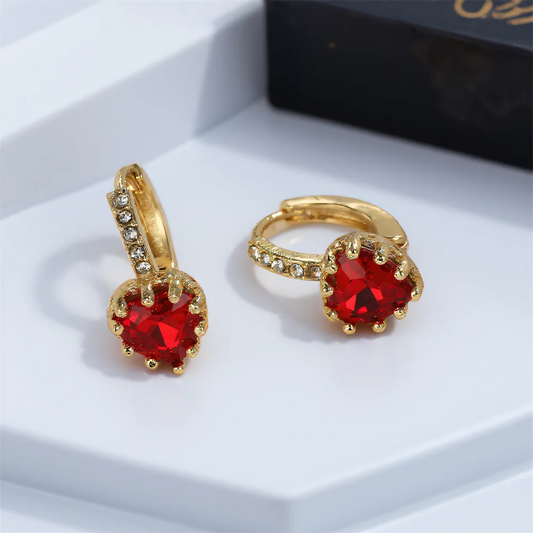 Boucles d'oreilles en cristal rouge Zircon pour femmes, cerceau en pierre de cœur d'amour, Vintage, couleur or, boucle d'oreille, bijoux de fête de mariage, cadeaux polyvalents