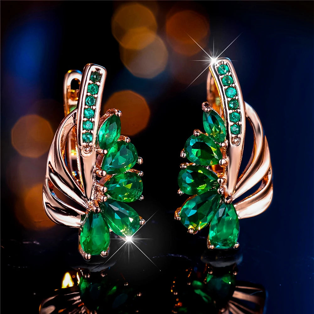 Boucles d'oreilles clip en pierre pour femme, bijoux de mariage, breloque, document doré, couleur verte, luxe