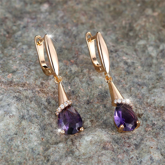 Boucles d'oreilles élégantes en pierre de Zircon violet pour femmes, goutte d'eau, couleur or, mignonnes, style Boho, bijoux de mariage pour femmes