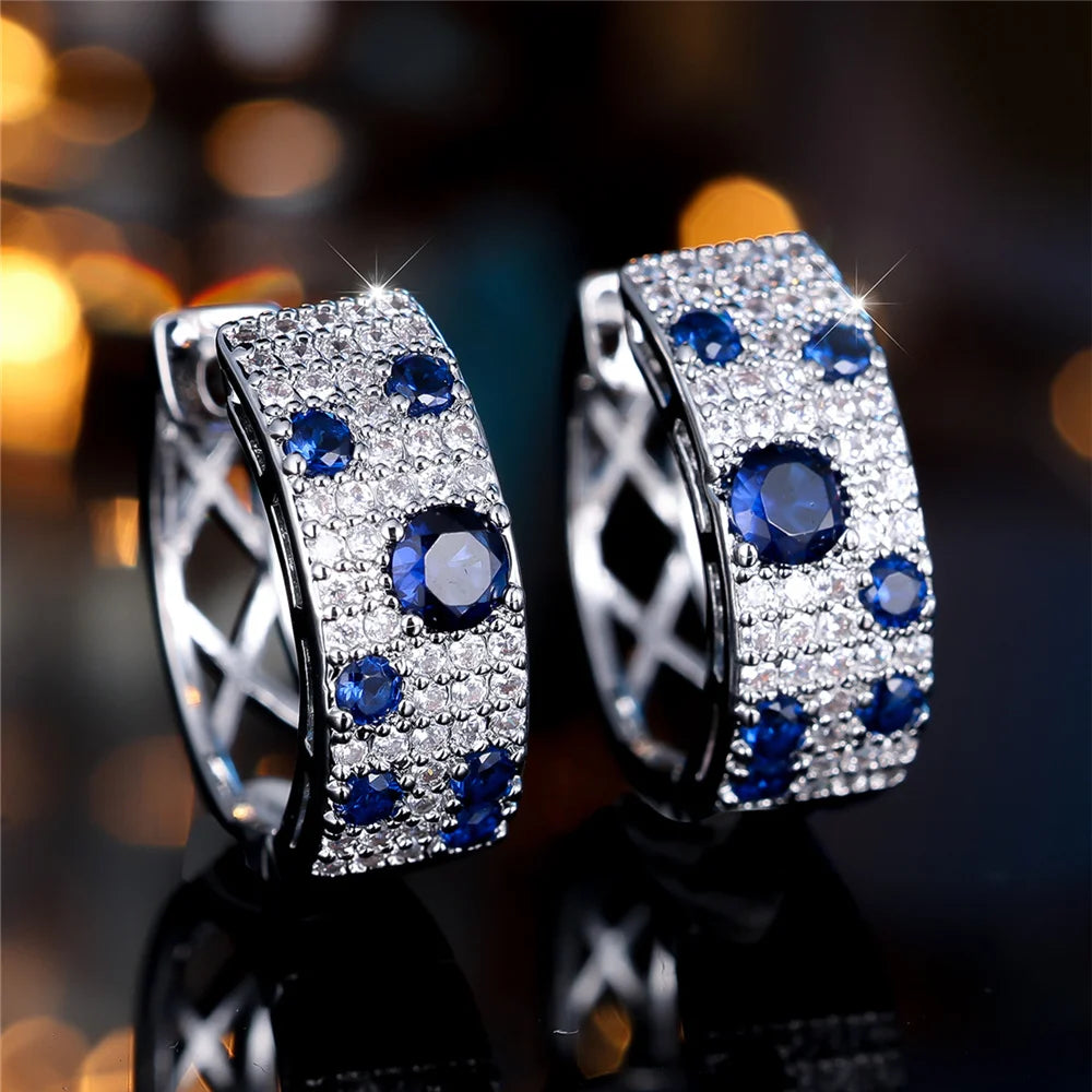 Boucles d'oreilles rondes en pierre de Zircon blanc et bleu pour femmes, bijoux de mariage couleur or à la mode
