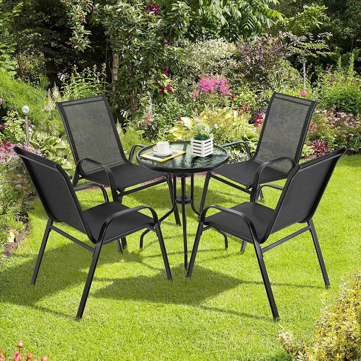 4 pièces chaises de jardin acier-fer + tissu Casseline pliant dossier haut chaise de balcon chaise de Camping sièges extérieurs groupe noir