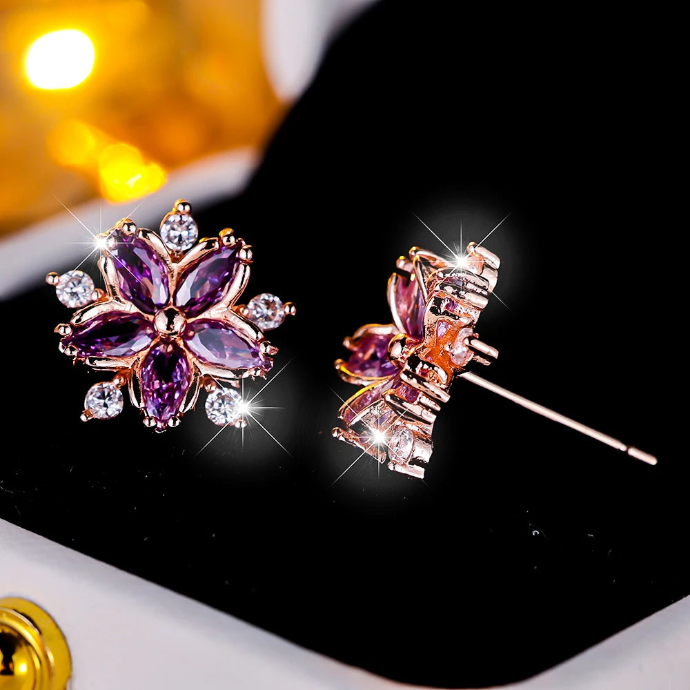 Boucles d'oreilles à tige flocon de neige en pierre pour femme, blanc, violet, mignon, vintage, document en or, bijoux de mariage