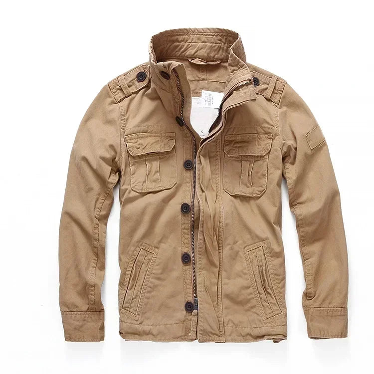 Veste militaire homme en denim – Col roulé, poches pratiques, printemps/automne