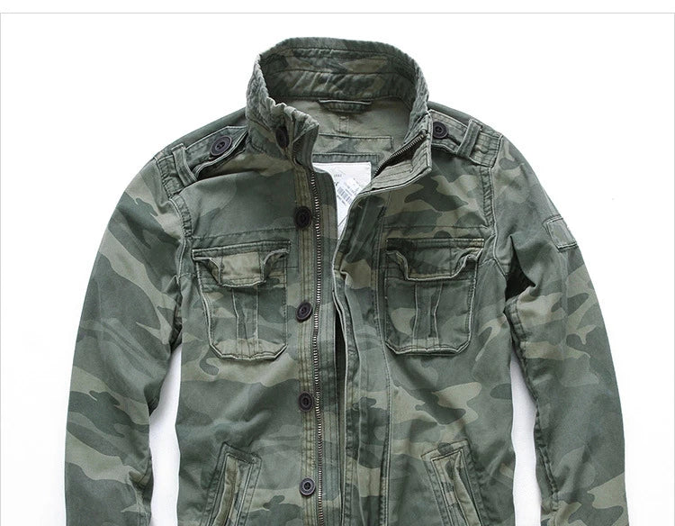 Veste militaire homme en denim – Col roulé, poches pratiques, printemps/automne