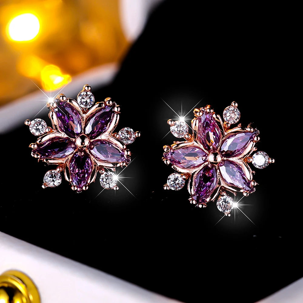 Boucles d'oreilles à tige flocon de neige en pierre pour femme, blanc, violet, mignon, vintage, document en or, bijoux de mariage