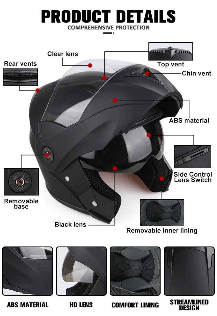 Uchoose Casque à Section transversale Double lentille Certification DOT Casque de moto de sécurité Casque à rabat modulaire Casque unisexe avec visière