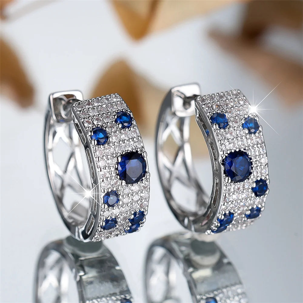Boucles d'oreilles rondes en pierre de Zircon blanc et bleu pour femmes, bijoux de mariage couleur or à la mode