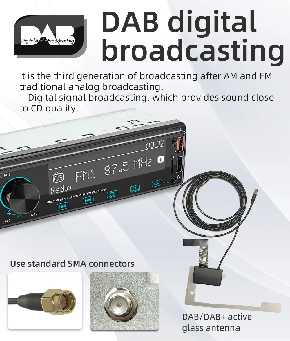 Autoradio BQCC 1DIN MP3 avec Radio DAB – Écran Tactile 2,5", Audio Puissant et Multi-Formats