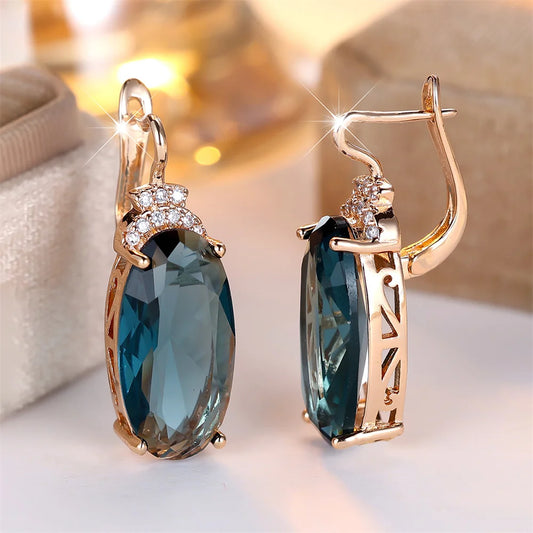 Grandes boucles d'oreilles ovales en pierre de Zircon bleu pour femmes, Vintage, mode, couleur or, boucle d'oreille, bijoux de mariage, cadeaux de fête d'anniversaire