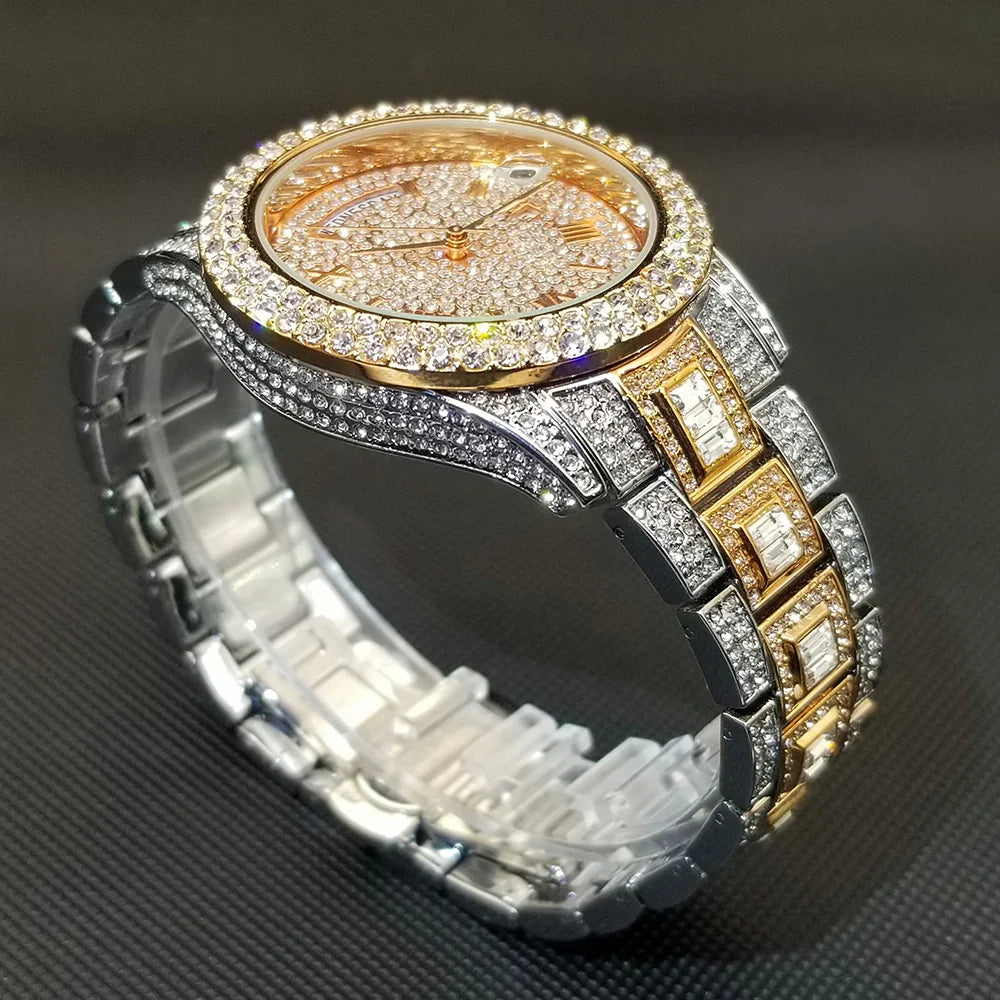 TikTok montre-bracelet en diamant pour hommes de luxe plaqué or 18 carats montres à quartz jour Date discothèque montre de fête unisexe rappeur bijoux