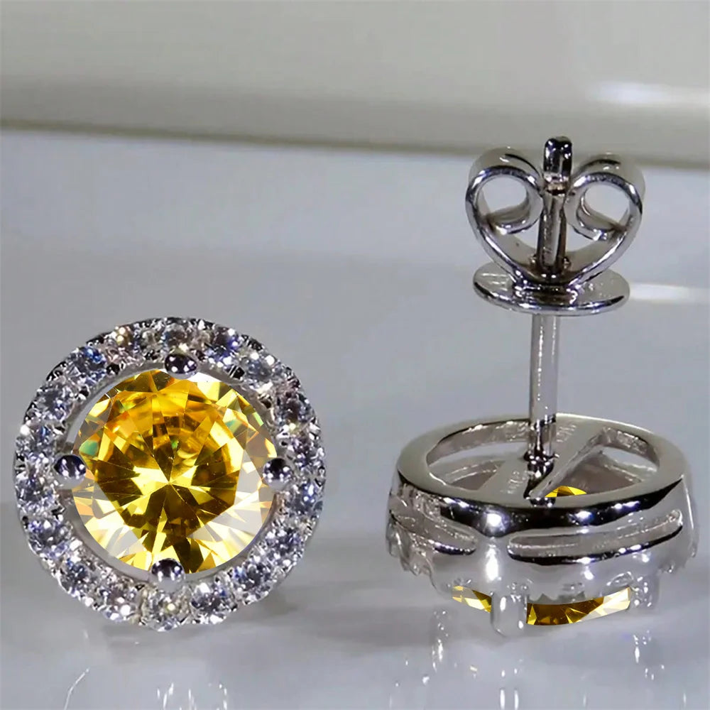 Boucles d'oreilles classiques en pierre ronde à quatre griffes pour femmes, cristal arc-en-ciel, Zircon multicolore, couleur argent, bijoux de fiançailles
