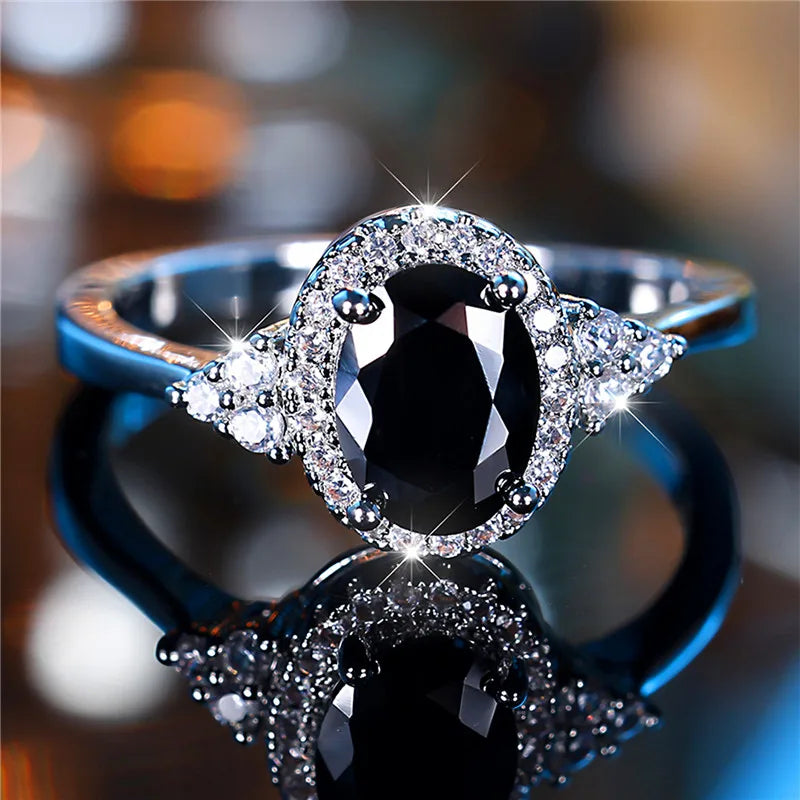 Bague de fiançailles en pierre de Zircon ovale noir pour femme, mignon, tendance, couleur argent, bijoux de mariée, cadeau pour femmes