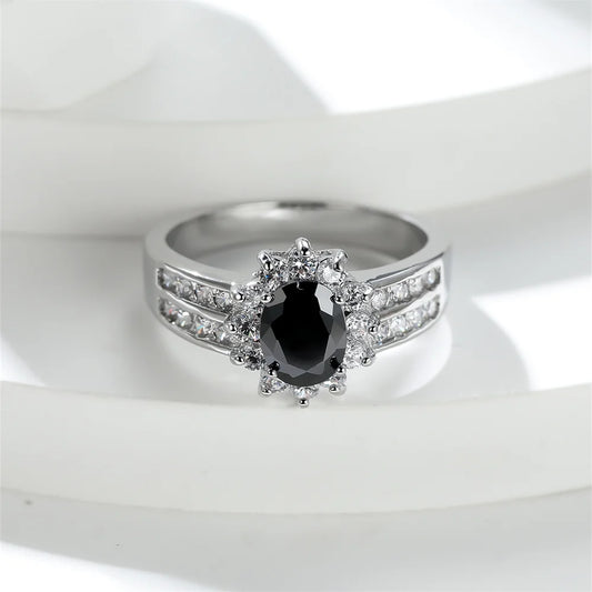 Bagues de fiançailles en pierre naren cristal noir vintage pour femmes, argent carillon, document, bande de mariage, accessoire de bijoux, cadeau de fête des mères