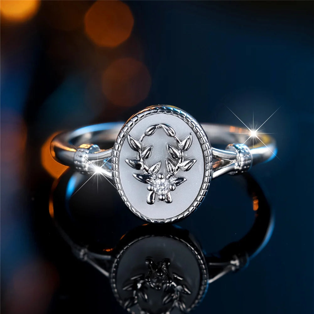 ChimFemale-Bague de Cuir oral elu Ovale en Pierre d'Émail Blanc pour Femme, Vintage, Or, Argent, Bijoux de Mariage, Cadeau