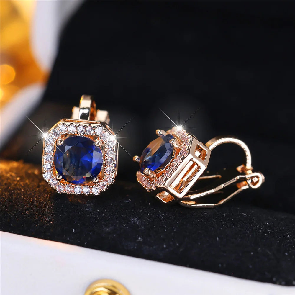 Boucles d'oreilles clip rondes en pierre de cristal pour femmes, bijoux simples, cadeaux de mode, or rose, argent, document blanc, vert, bleu