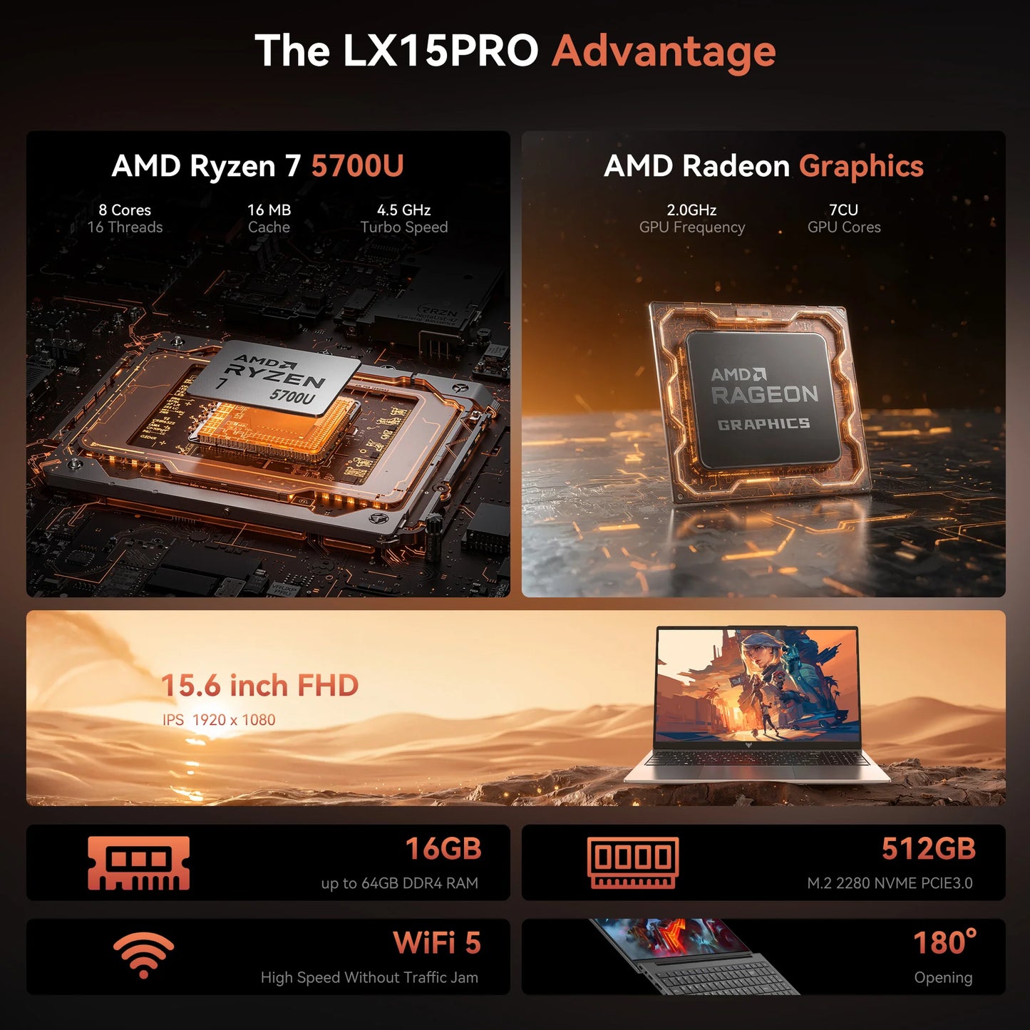 ACEMAGIC ordinateur portable de jeu 15,6" FHD, AMD Ryzen 7 5700U, 16 Go RAM, SSD NVMe 512 Go, Wi-Fi 6, Windows 11, graphiques AMD Radeon, batterie 4800 mAh, parfait pour gaming, travail et divertissement.