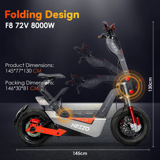 HEZZO F8 Electric Scooter 16 Inch Foldable 72v 8000W 62.5MPH 50Ah Long Range Off Road Escooter Motorbike With Seat US Warehouse