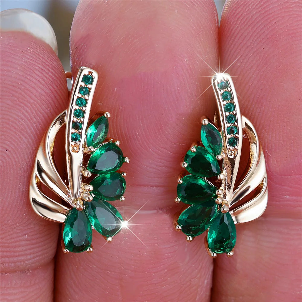 Boucles d'oreilles clip en pierre pour femme, bijoux de mariage, breloque, document doré, couleur verte, luxe