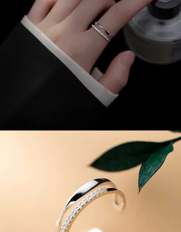 Bague en argent Sterling 925 en zircon Double géométrie pour femmes, bijoux, anneau ouvert réglable pour fête, cadeau d'anniversaire