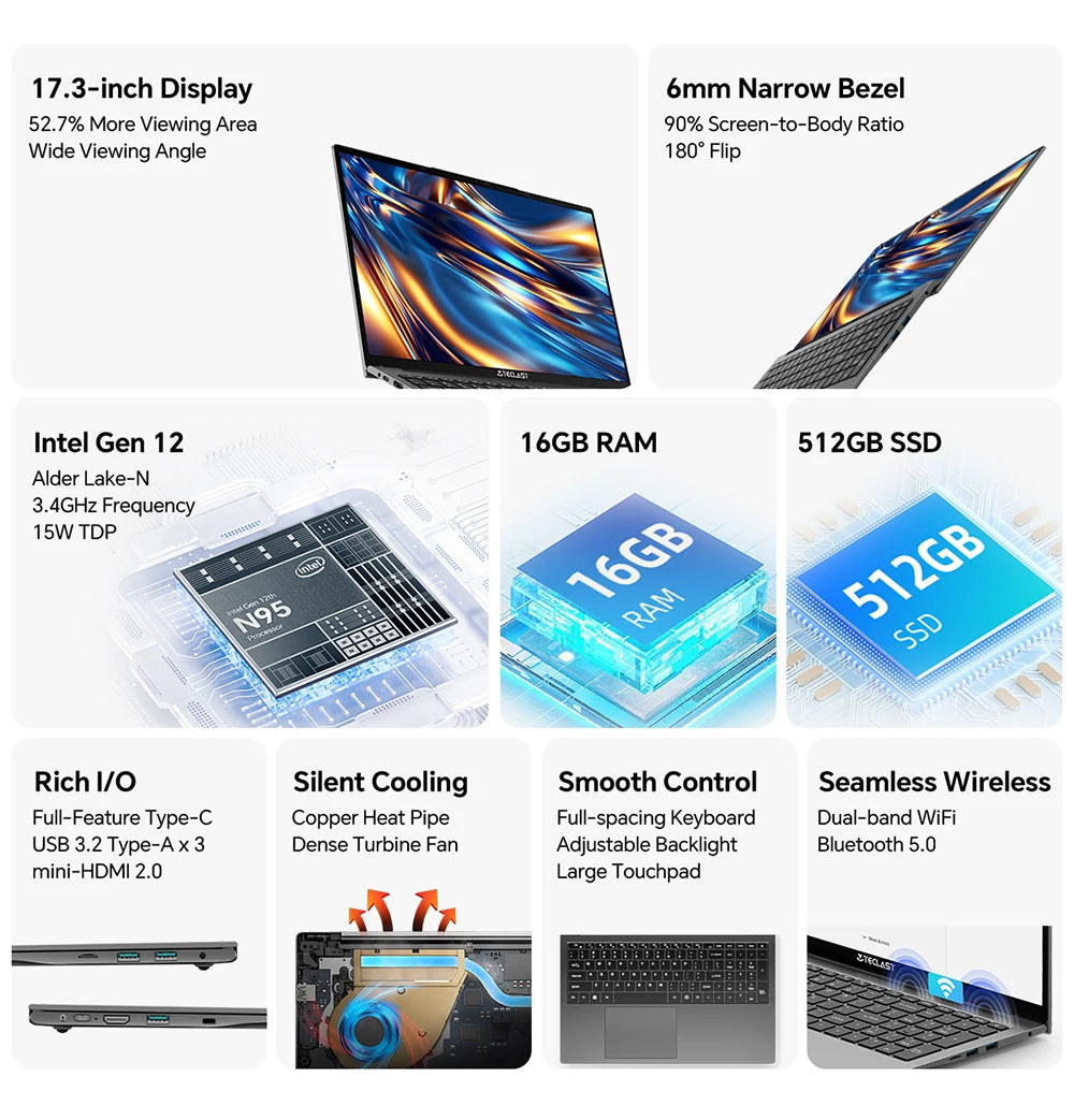 💻 Teclast F17Plus – Ordinateur portable 17.3" IPS, Intel N95, 16GB RAM, 512GB SSD