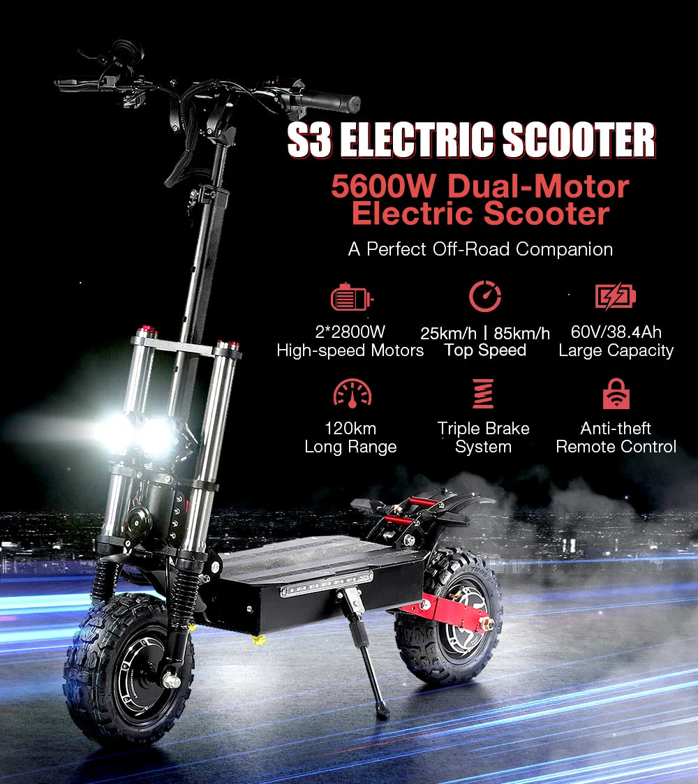 6000W Dual Motor Adult Off-Road S3Electric Scooter 60V-21700 Battery 140KM Range 400kg Max Load Hydraulic Brake 3-5 Day Delivery