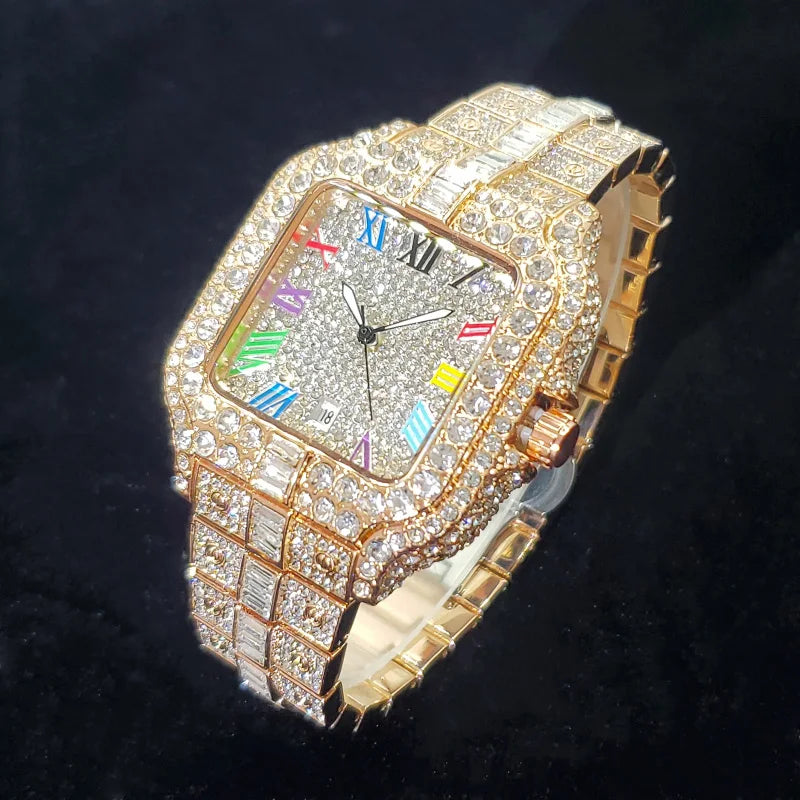 Montre en diamant de luxe pour hommes, montres numérotées colorées carrées glacées, bijoux Hip Hop Bling, Reloj zones bre pour la fête, nouvelle mode, 2025