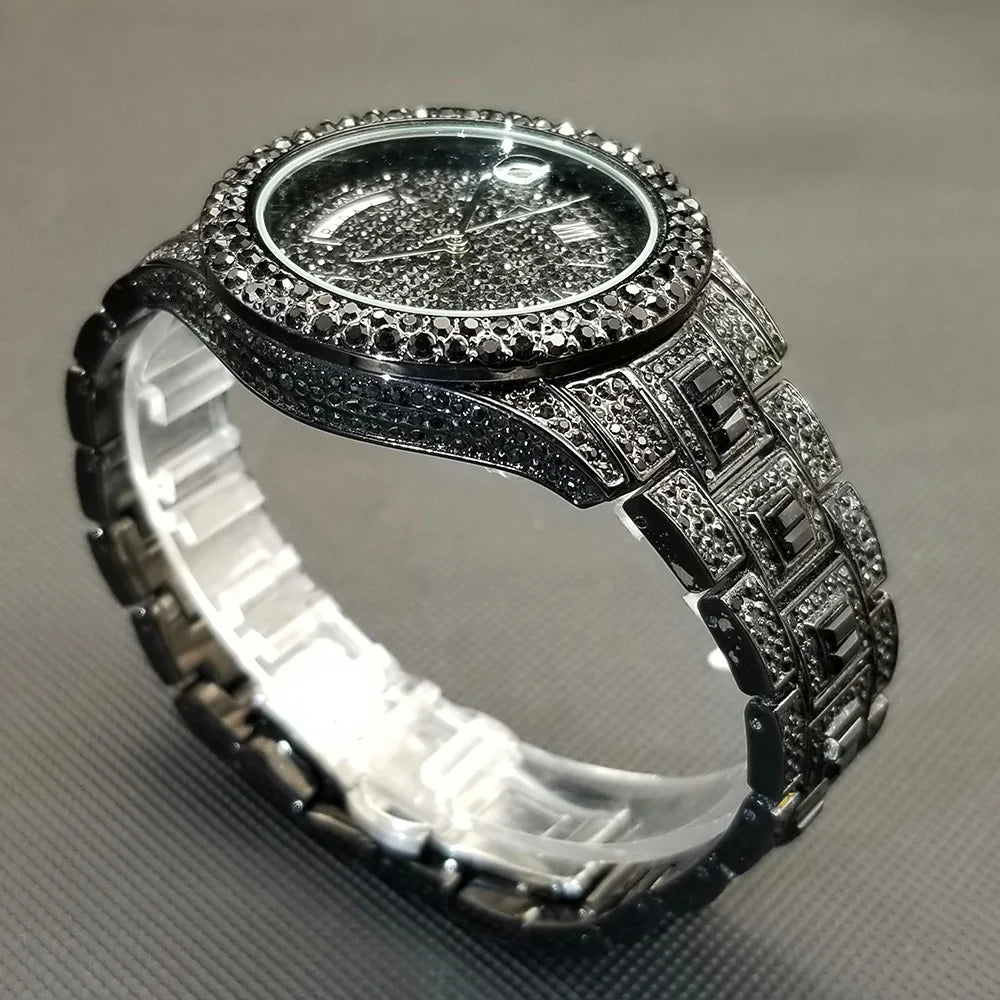 TikTok montre-bracelet en diamant pour hommes de luxe plaqué or 18 carats montres à quartz jour Date discothèque montre de fête unisexe rappeur bijoux