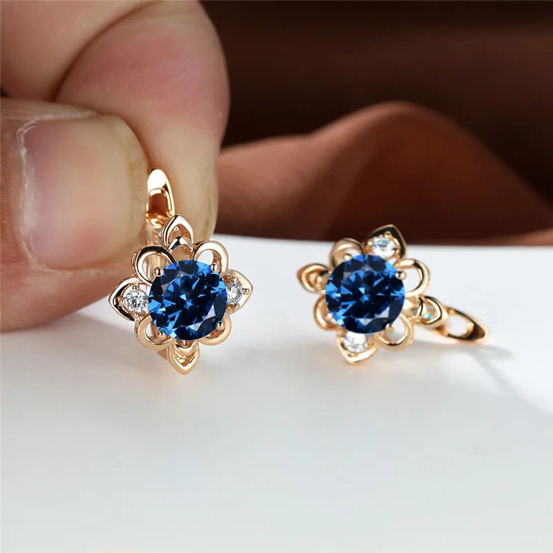 Boucles d'oreilles clip Boho Blue Stone Flower pour femme, document doré, petit cadeau de bijoux de mariage rond