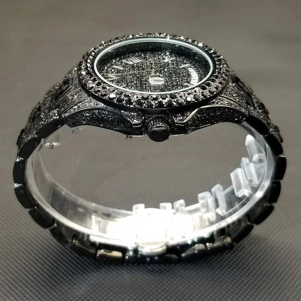 TikTok montre-bracelet en diamant pour hommes de luxe plaqué or 18 carats montres à quartz jour Date discothèque montre de fête unisexe rappeur bijoux