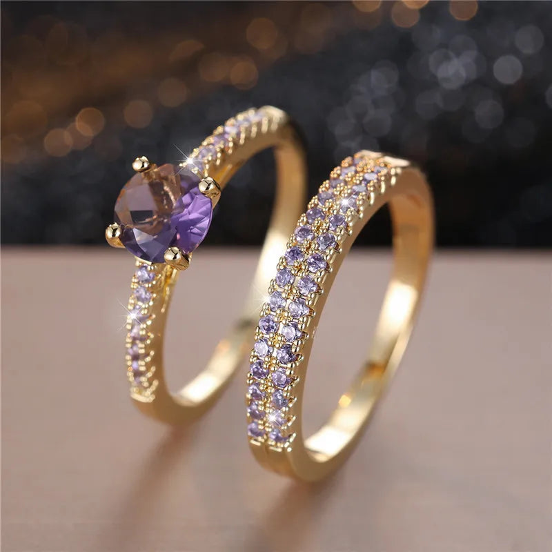 Ensemble de bagues de fiançailles rondes en pierre de Zircon vert cristal pour femmes, bijoux de mariage de luxe couleur or jaune pour femmes