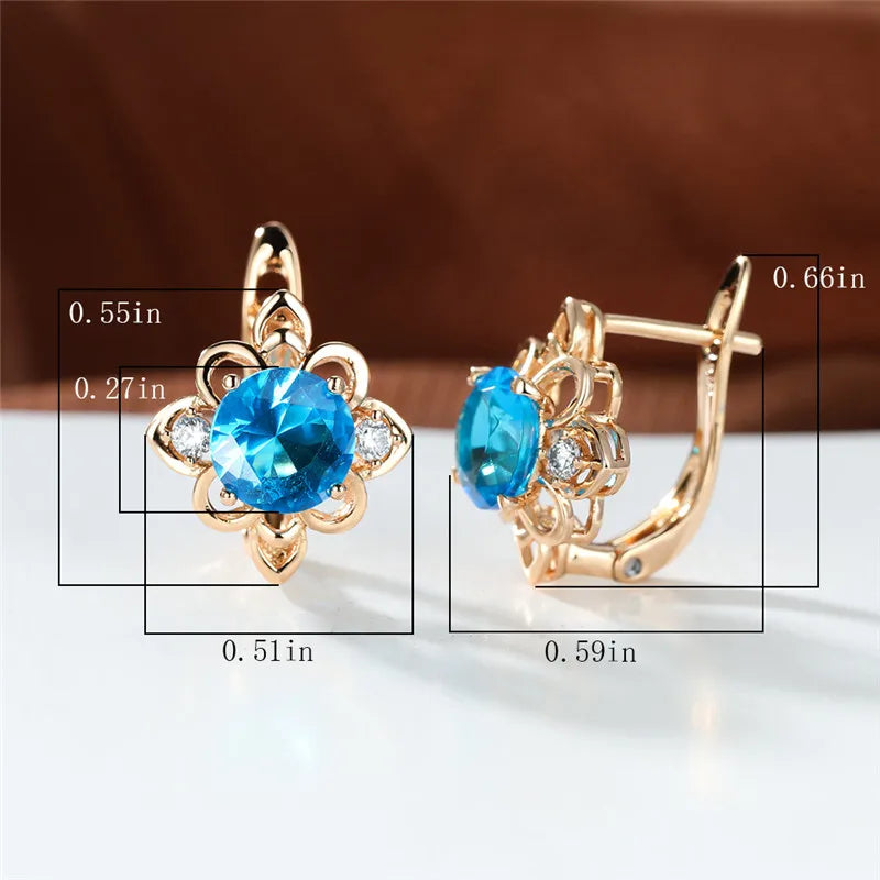 Boucles d'oreilles clip Boho Blue Stone Flower pour femme, document doré, petit cadeau de bijoux de mariage rond