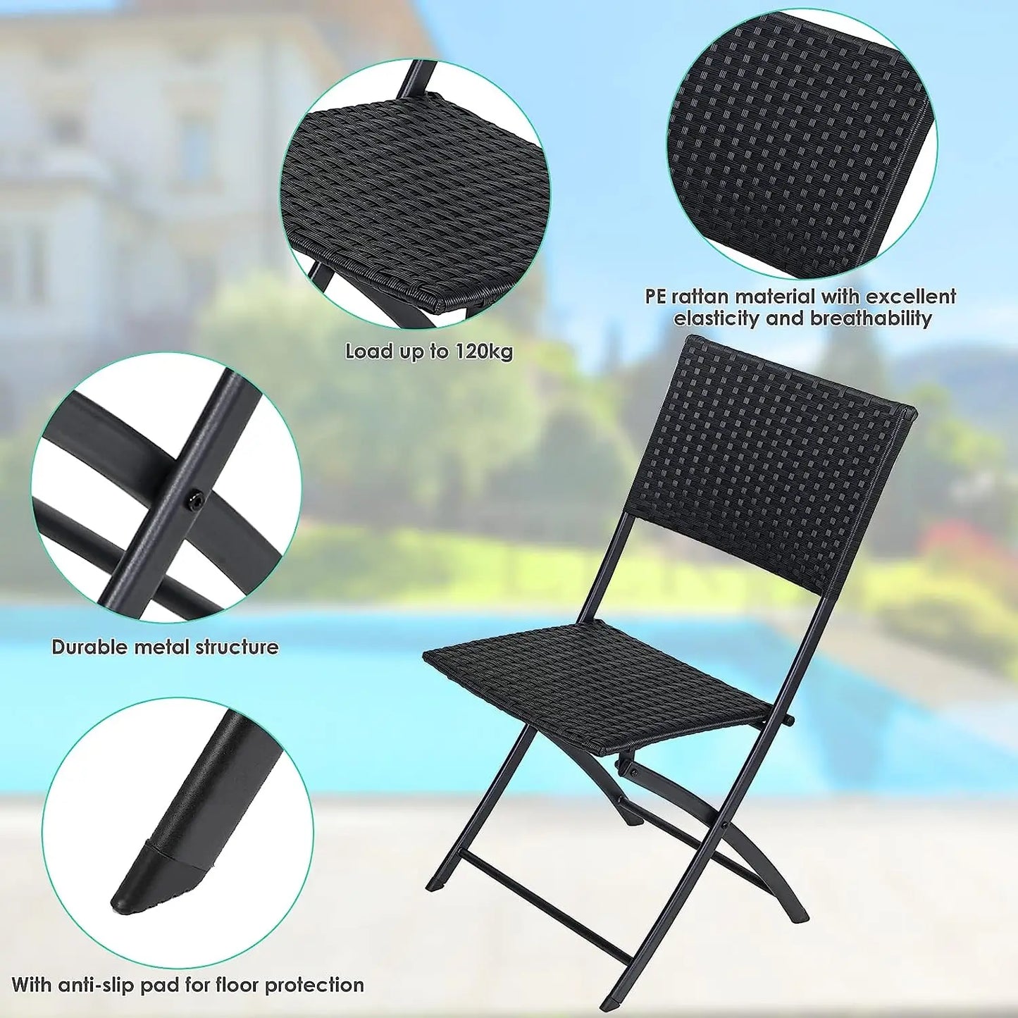 Ensemble de table pliante et 2 chaises d'extérieur, meubles pliants, chaise en rotin, table de pique-nique de camping portable, ensemble de balcon, 3 pièces