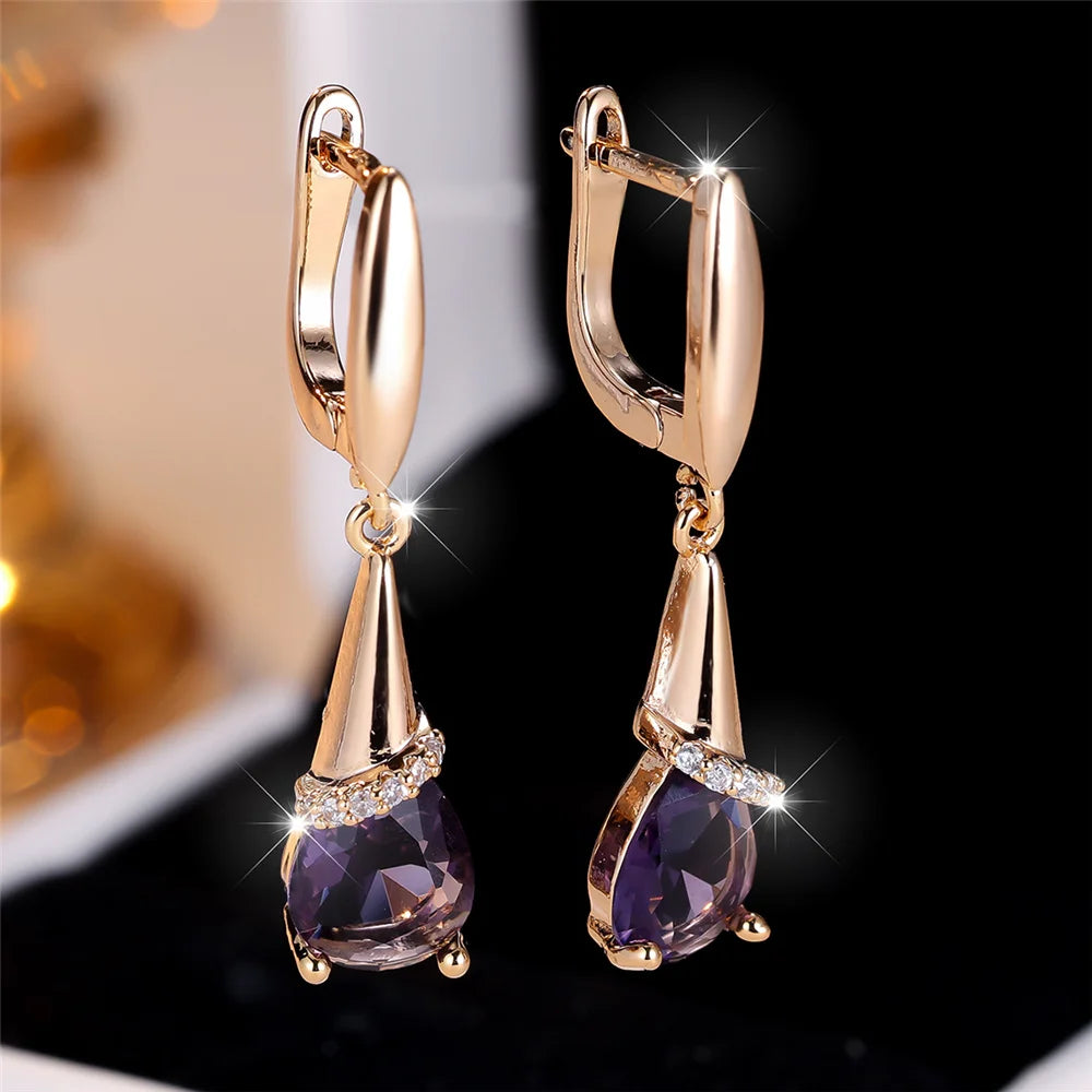 Boucles d'oreilles élégantes en pierre de Zircon violet pour femmes, goutte d'eau, couleur or, mignonnes, style Boho, bijoux de mariage pour femmes