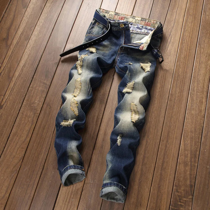 Men Jeans Streetwear Ripped Denim Pants Trend Trousers Hole Ruined Casual Biker Destroyed Regular Straight