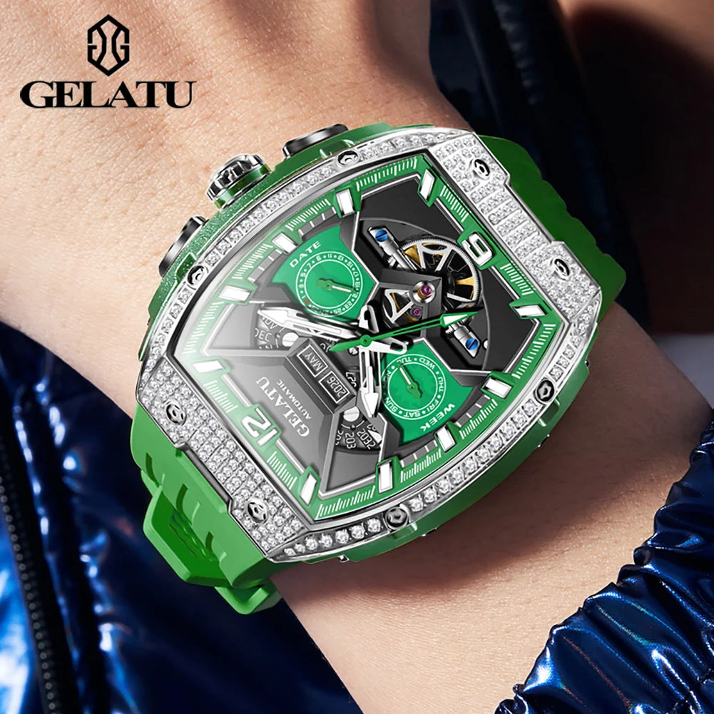 GELATU Men's Watch Hollow Out Skeleton Automatic Watch for Men Silicone Strap Dual Calendar Luxury Original Mechanical Man Watch