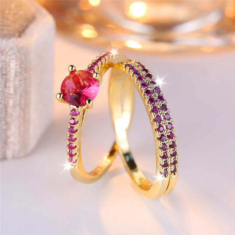 Ensemble de bagues de fiançailles rondes en pierre de Zircon vert cristal pour femmes, bijoux de mariage de luxe couleur or jaune pour femmes