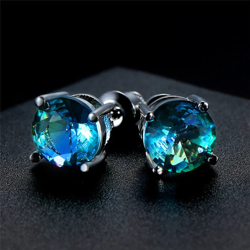 Boucles d'oreilles rondes en cristal rouge vert pour femmes et hommes, bijoux de mariage, arc-en-ciel mystique, feu, bleu, vert, Zircon, Double boucles d'oreilles