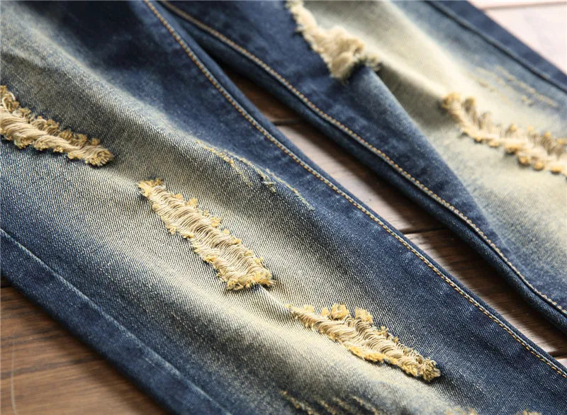 Men Jeans Streetwear Ripped Denim Pants Trend Trousers Hole Ruined Casual Biker Destroyed Regular Straight