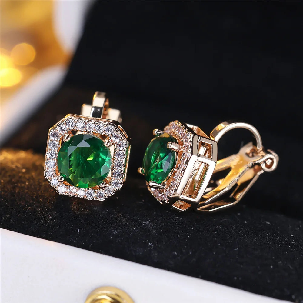 Boucles d'oreilles clip rondes en pierre de cristal pour femmes, bijoux simples, cadeaux de mode, or rose, argent, document blanc, vert, bleu
