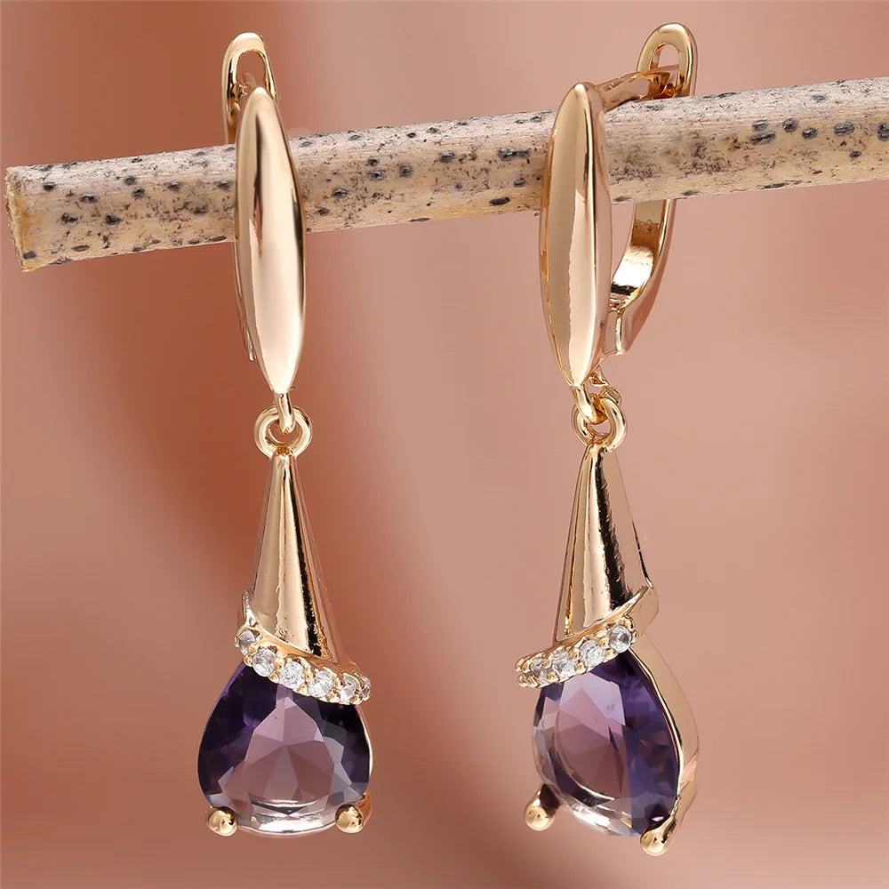 Boucles d'oreilles élégantes en pierre de Zircon violet pour femmes, goutte d'eau, couleur or, mignonnes, style Boho, bijoux de mariage pour femmes