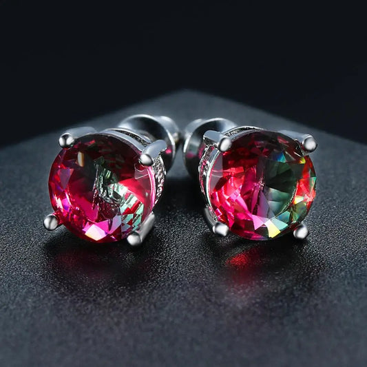 Boucles d'oreilles rondes en cristal rouge vert pour femmes et hommes, bijoux de mariage, arc-en-ciel mystique, feu, bleu, vert, Zircon, Double boucles d'oreilles
