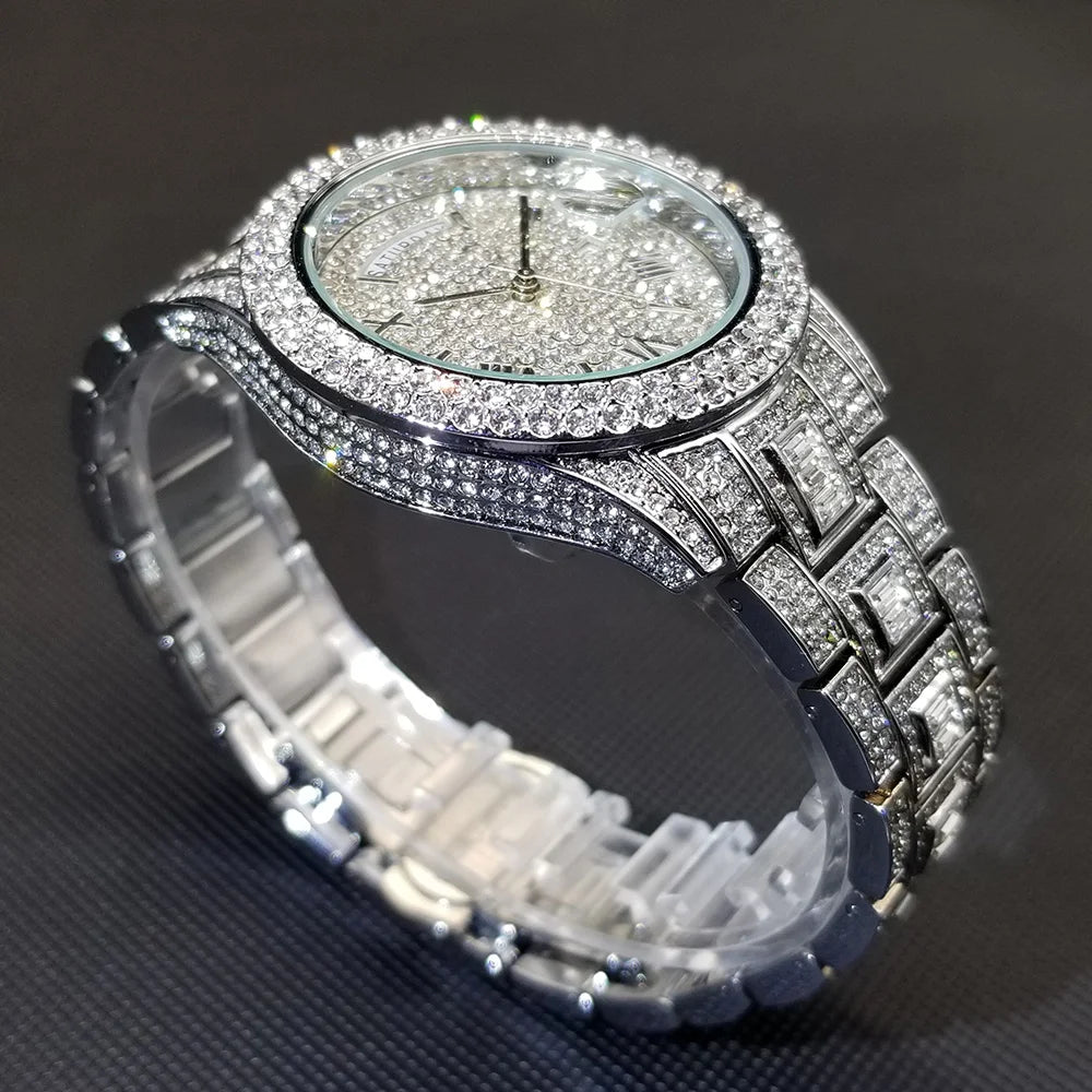 TikTok montre-bracelet en diamant pour hommes de luxe plaqué or 18 carats montres à quartz jour Date discothèque montre de fête unisexe rappeur bijoux
