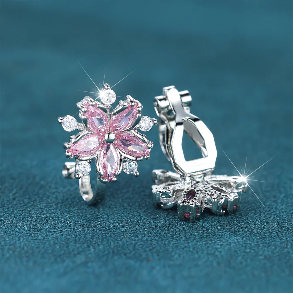Boucles d'oreilles de luxe en pierre de Zircon rose pour femmes, petites boucles d'oreilles à Clip, couleur argent, bijoux de mariage pour femmes