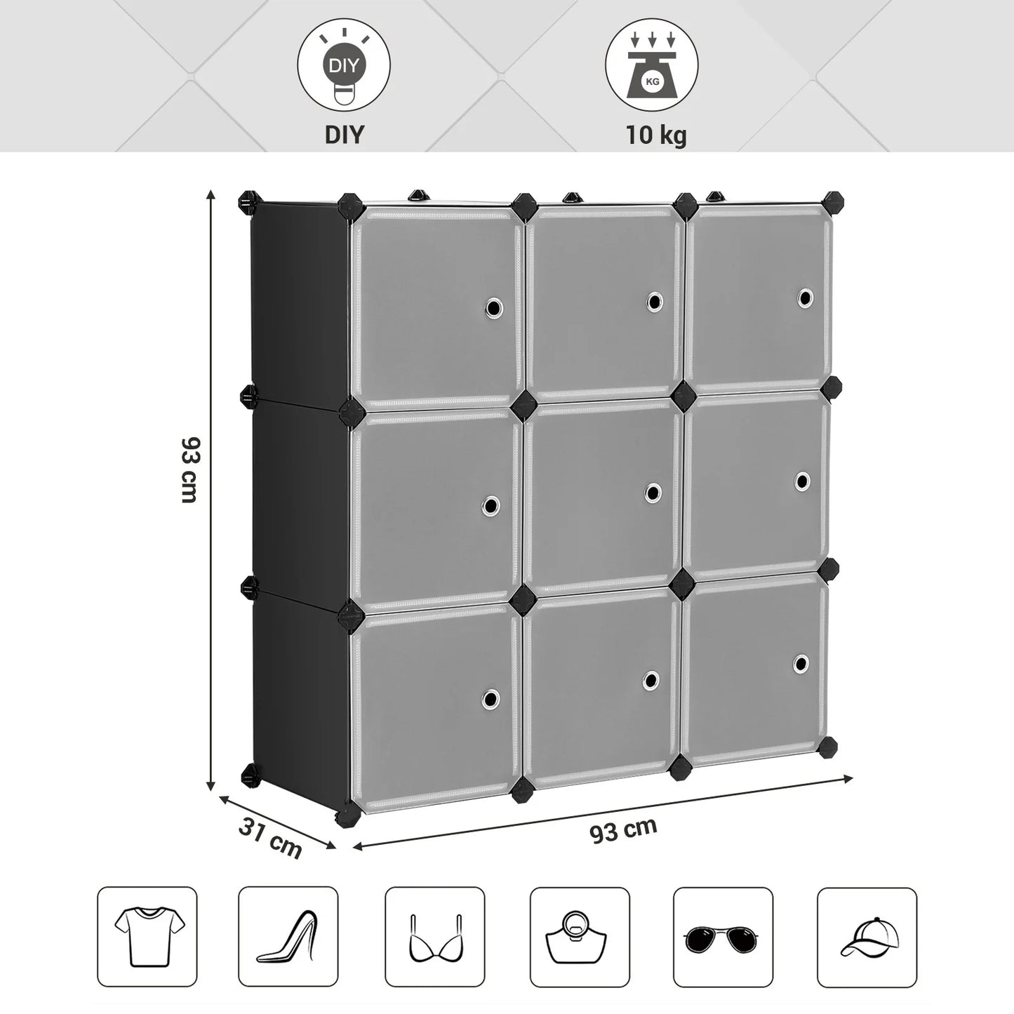 SONGMICS Meuble de Rangement Modulable, 9 Cubes, Étagère en Plastique, avec Portes, pour Vêtements, Chaussures, Livres, Assemblage Facile
