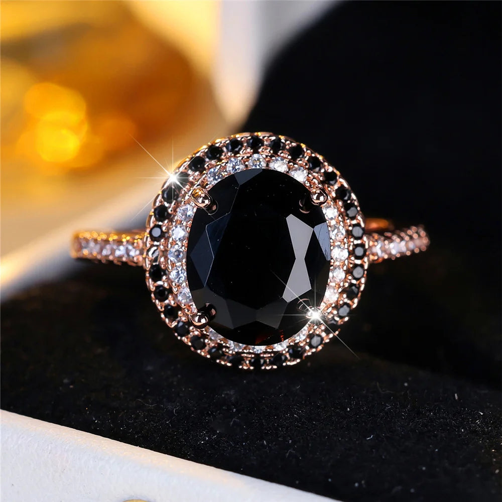 Bagues ovales de luxe en pierre de Zircon noir pour femmes, Vintage, couleur argent, bracelet de mariage, bijoux de mariée, cadeau de fiançailles