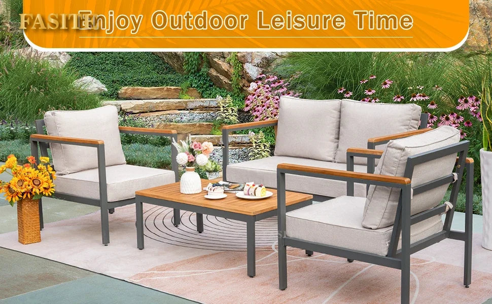 Ensemble de Conversation de salon de Patio, meubles 4 pièces, accoudoir et plateau de Table en bois massif, coussin imperméable épais Anti-chute, Beige