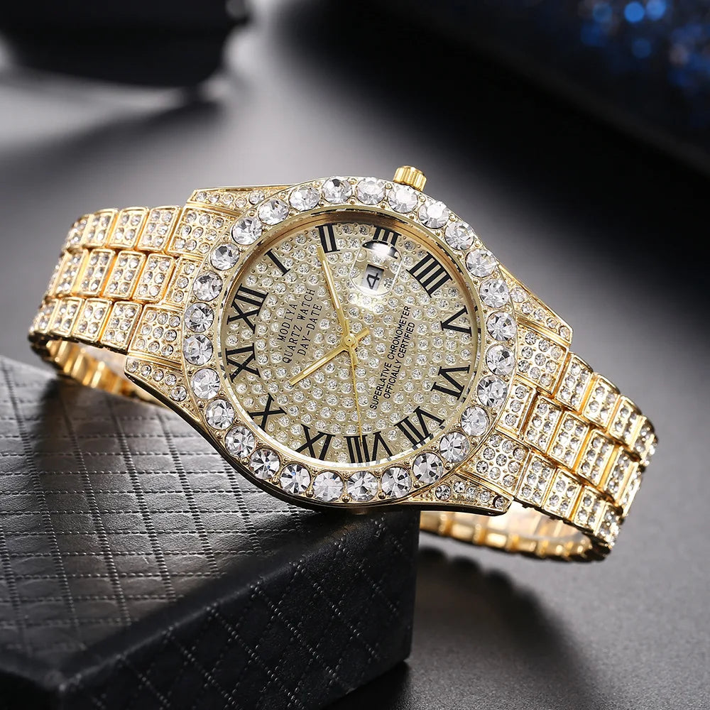 Hip Hop glacé hommes montre pleine AAA strass autour de luxe montres à Quartz horloge ronde unisexe montre-bracelet cadeau pour petit ami